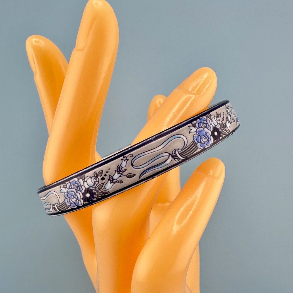 Vintage Signed Michaela Frey Blue White Enamel Bangle Bracelet Flowers Ribbons